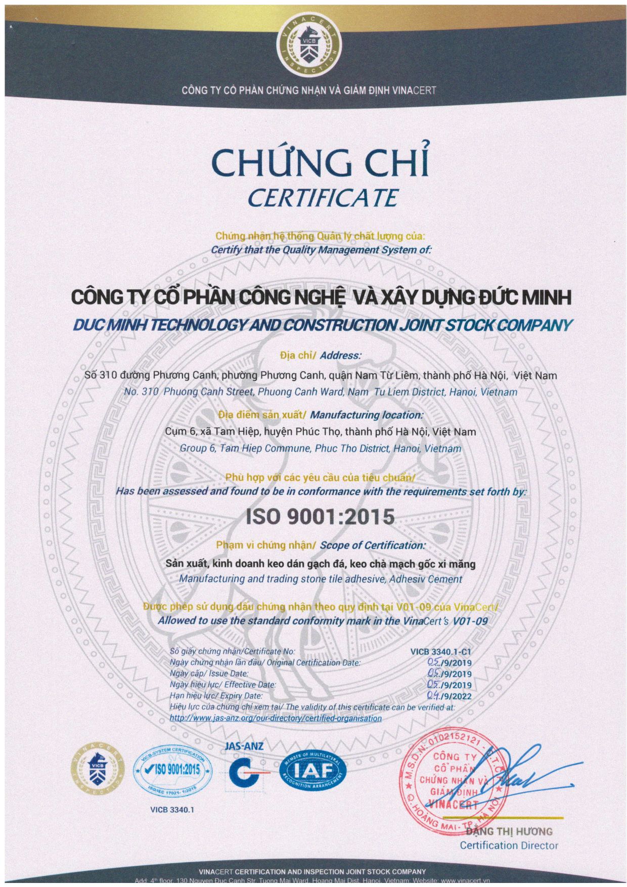 Chứng chỉ hệ thống quản lý chất lượng ISO 9001:2015