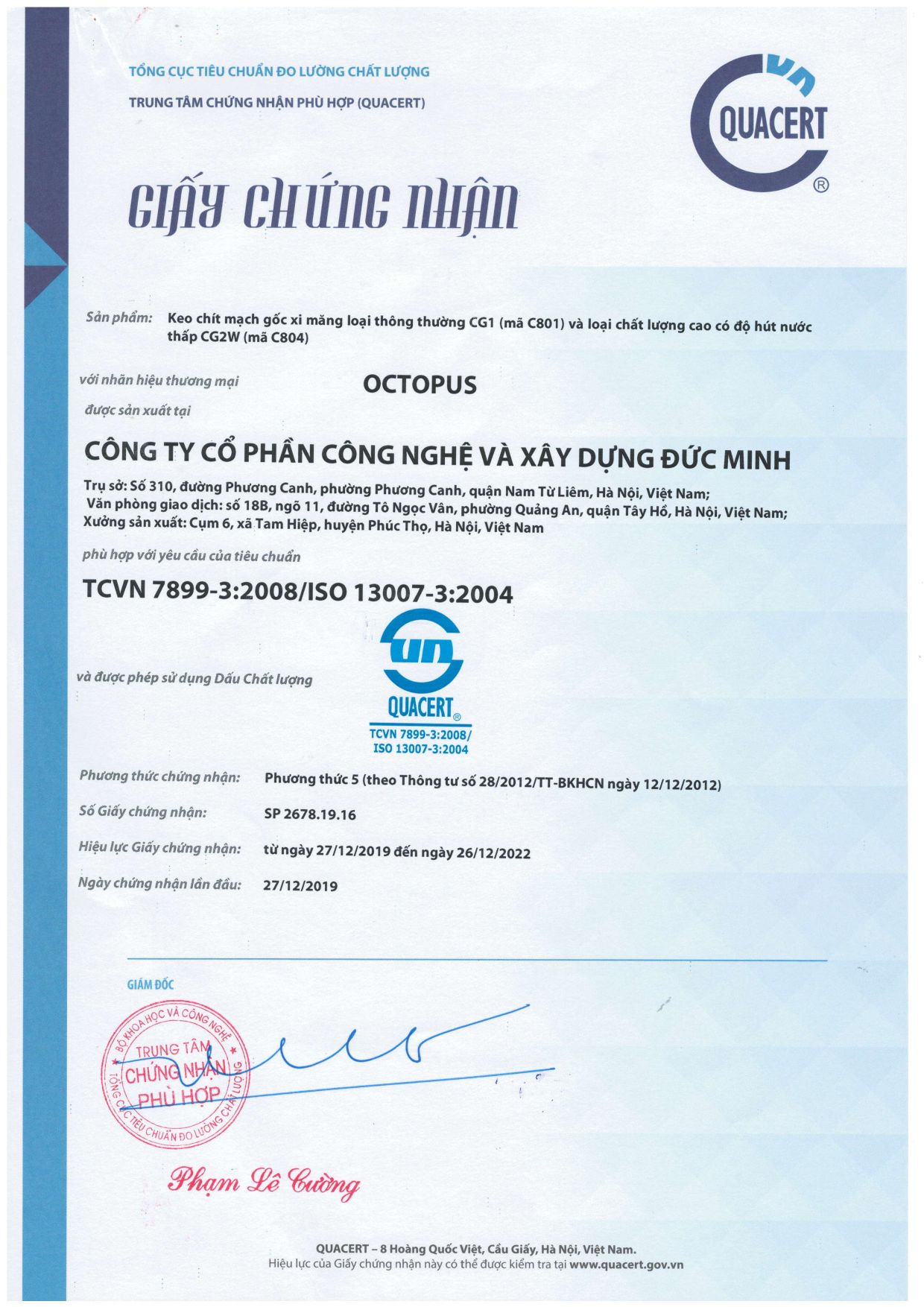 Giấy chứng nhận hợp chuẩn keo chít mạch CG1, CG2W (TCVN 7899-3:2008 / ISO 13007-3:2004)