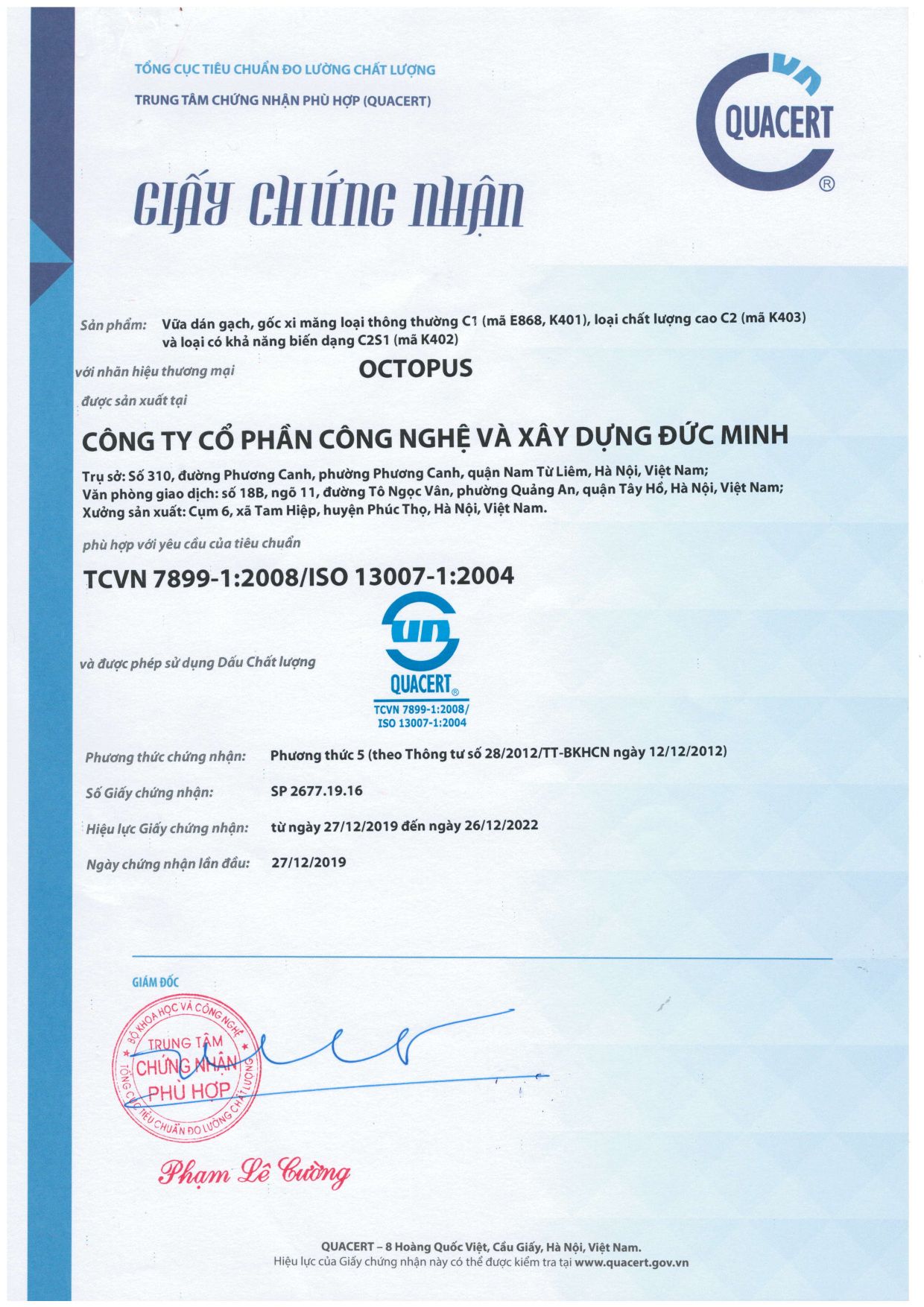 Giấy chứng nhận hợp chuẩn vữa dán gạch C1, C2, C2S1 (TCVN 7899-1:2008 / ISO 13007-1:2004)